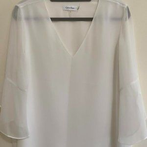 Calvin Klein Cream Blouse with Long Flutter Sleeve - Size L